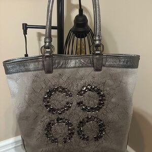 Coach Metallic Silver Tote Bag Jeweled Rare 18 x 15 x 4